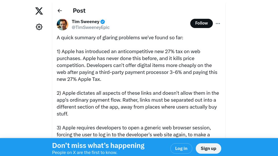Screenshot of twitter.com: Apple's bad faith 27% tax on web purchases