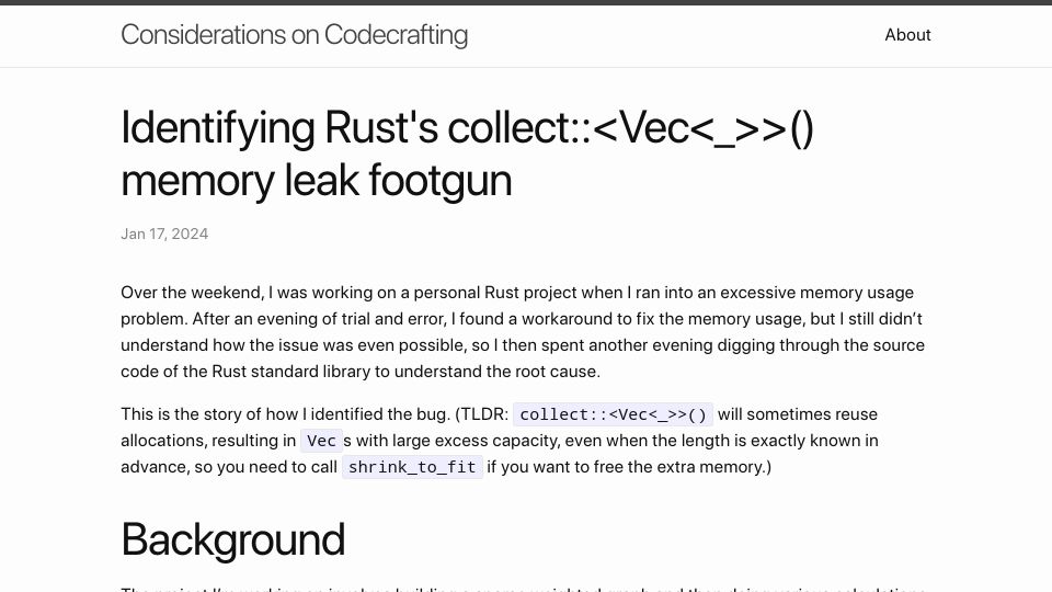 Screenshot of blog.polybdenum.com: Identifying Rust's collect:<Vec<_>>() memory leak footgun
