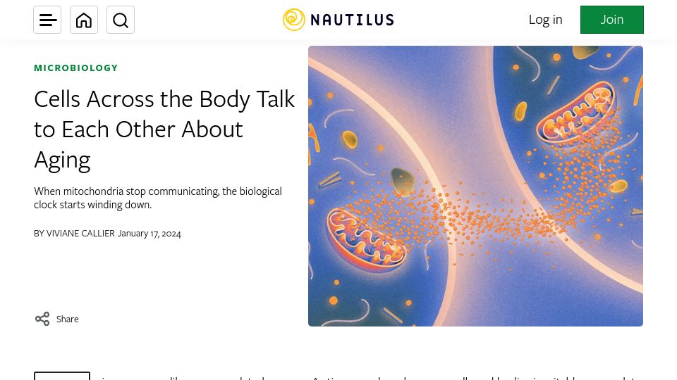Screenshot of nautil.us: Cells Across the Body Talk to Each Other About Aging