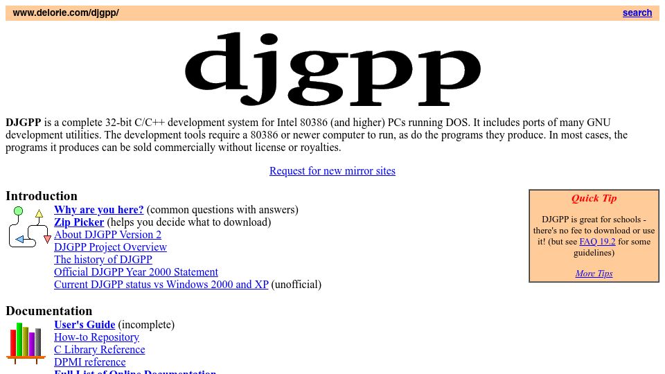 Screenshot of delorie.com: Djgpp