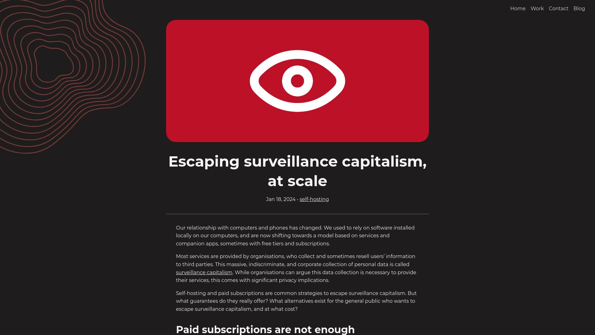 Screenshot of ergaster.org: Escaping surveillance capitalism, at scale