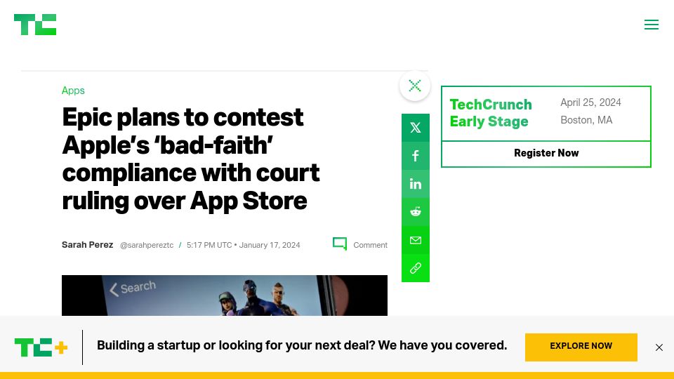 Screenshot of techcrunch.com: Epic plans to contest Apple's 'bad-faith' compliance with ruling over App Store