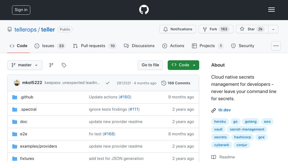 Screenshot of github.com: Teller: Universal secret manager, never leave your terminal to use secrets