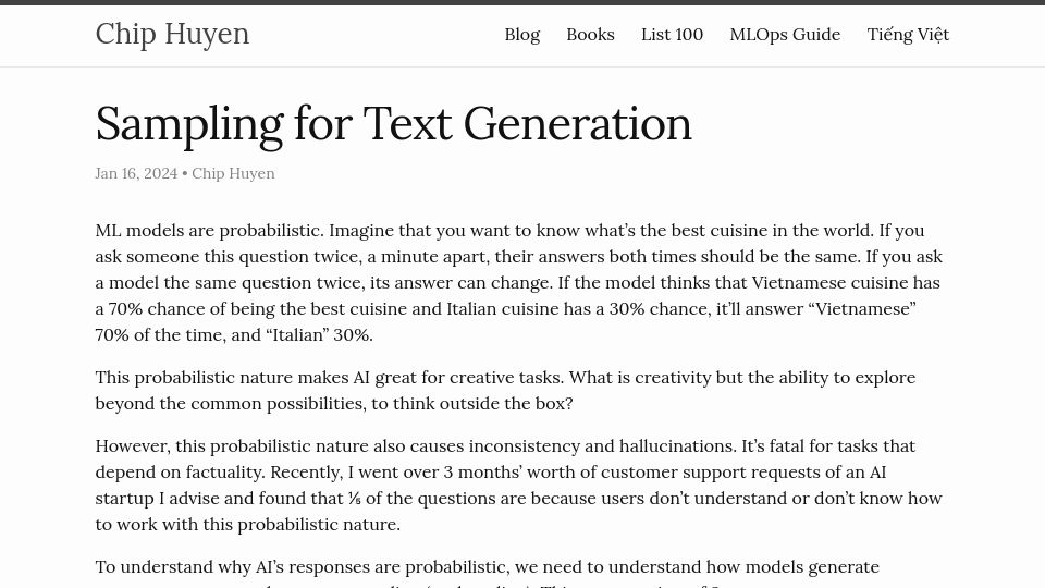 Screenshot of huyenchip.com: Sampling for Text Generation