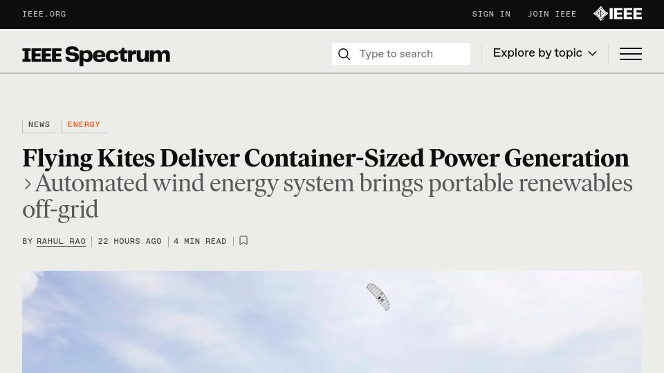 Screenshot of spectrum.ieee.org: Flying kites deliver container-sized power generation