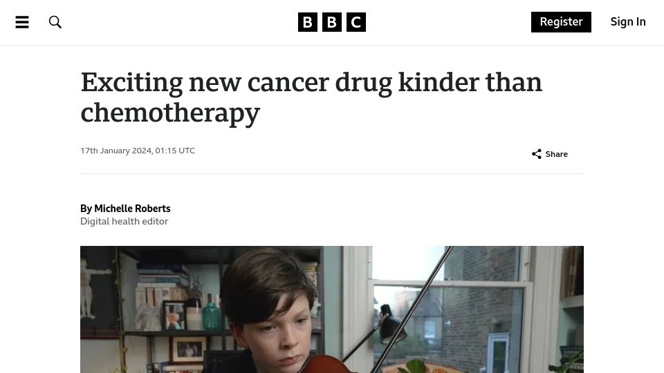 Screenshot of bbc.com: New cancer drug kinder than chemotherapy