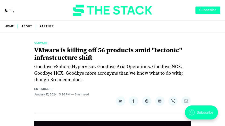 Screenshot of thestack.technology: VMware Kills Off 56 Products