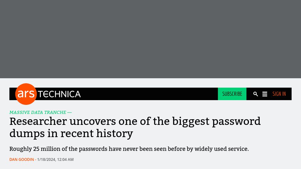 Screenshot of arstechnica.com: Researcher uncovers one of the biggest password dumps in recent history