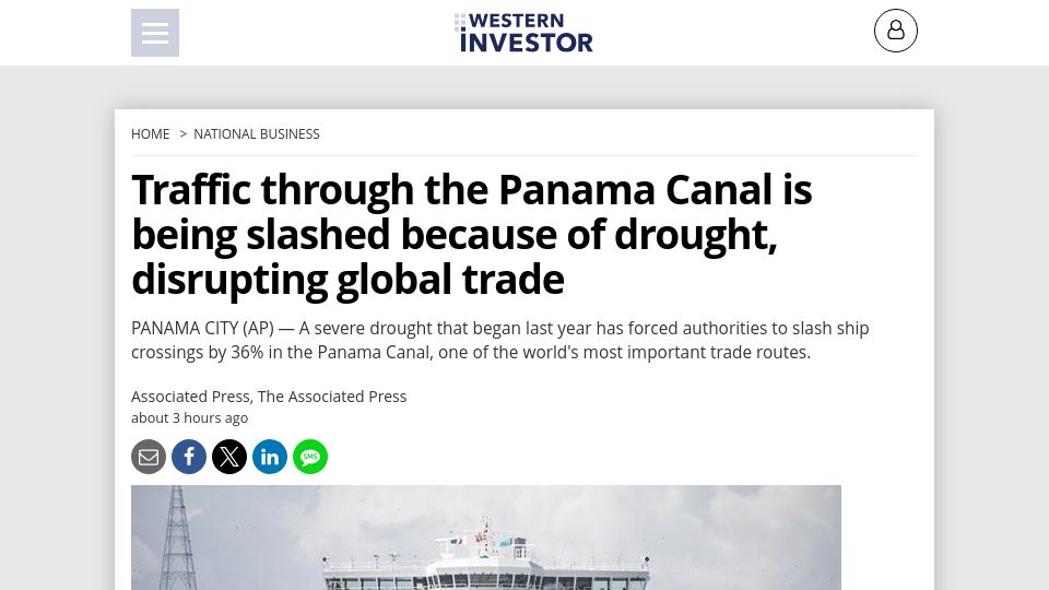 Screenshot of westerninvestor.com: A drought has forced authorities to further slash traffic in Panama Canal