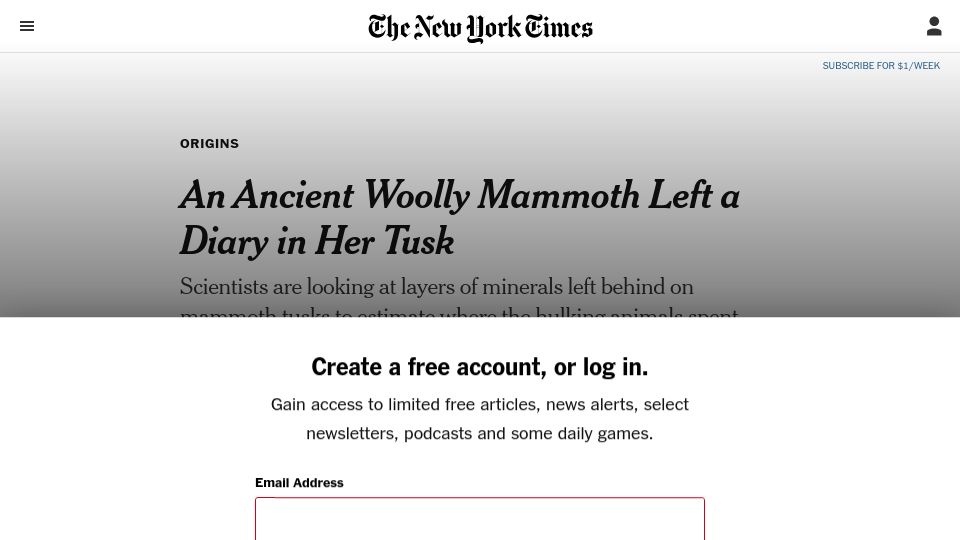Screenshot of nytimes.com: An Ancient Woolly Mammoth Left a Diary in Her Tusk