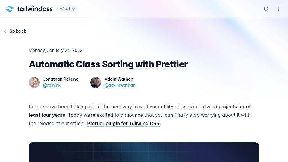 Screenshot of tailwindcss.com: Automatic class sorting with Prettier (2022)