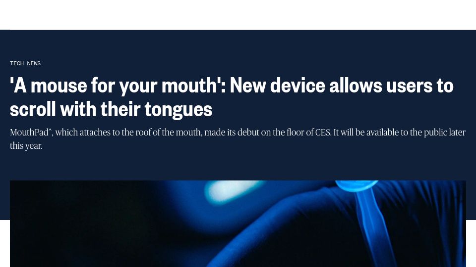 Screenshot of nbcnews.com: 'A mouse for your mouth': New device allows users to scroll with their tongues