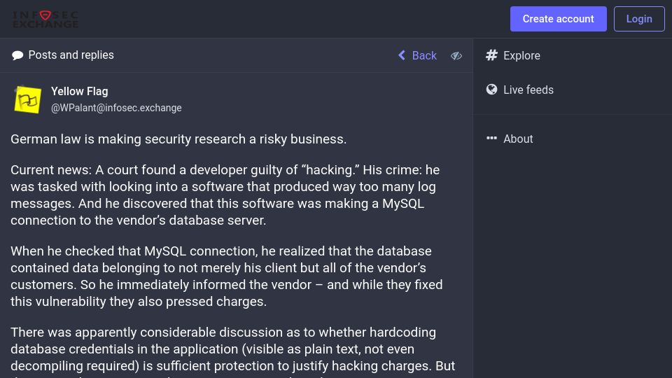 Screenshot of infosec.exchange: German developer guilty of 'hacking' for exposing hardcoded credentials in app