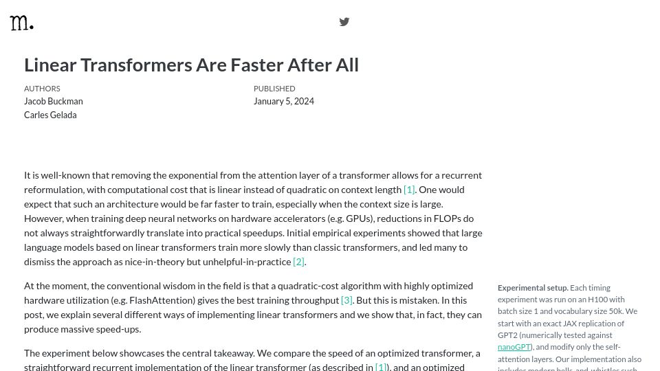 Screenshot of manifestai.com: Linear transformers are faster after all