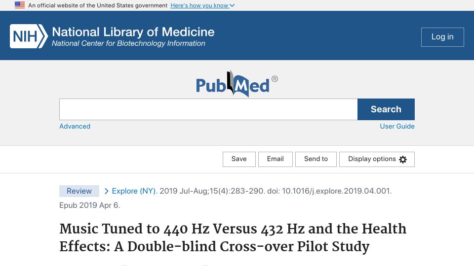 Screenshot of pubmed.ncbi.nlm.nih.gov: "432 Hz tuned music can decrease heart rate more than 440 Hz tuned music"
