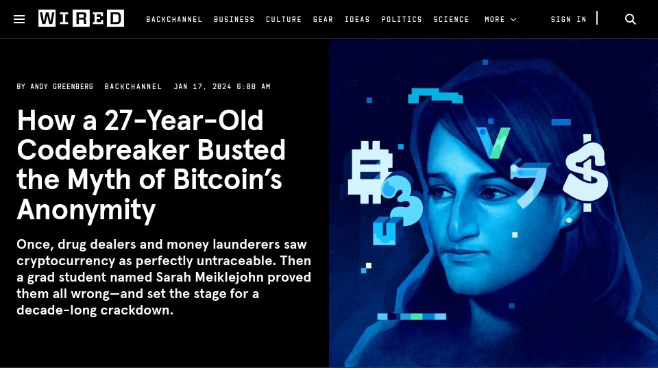 Screenshot of wired.com: A 27-Year-Old Codebreaker Busted the Myth of Bitcoin's Anonymity