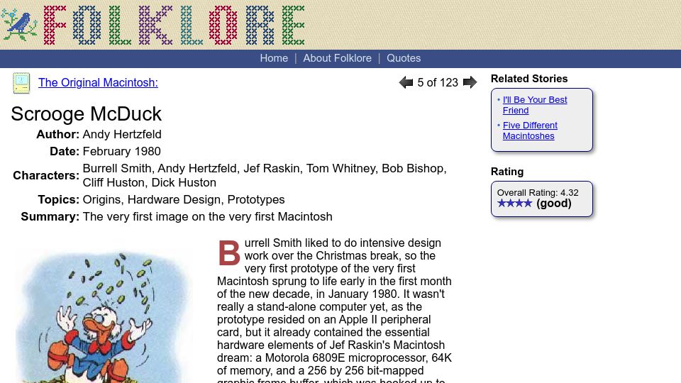 Screenshot of folklore.org: Scrooge McDuck: The first image on the first Macintosh (1980)