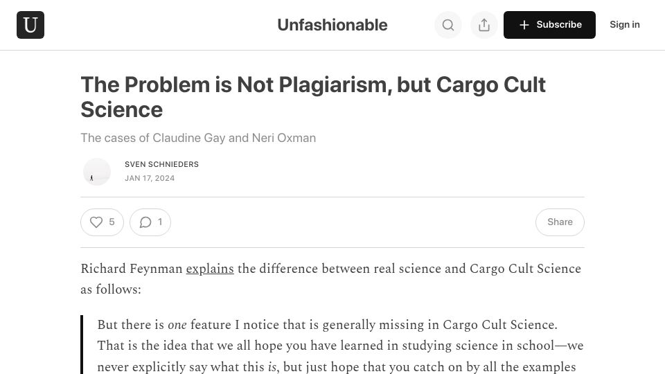 Screenshot of unfashionable.blog: The Problem Is Not Plagiarism, but Cargo Cult Science
