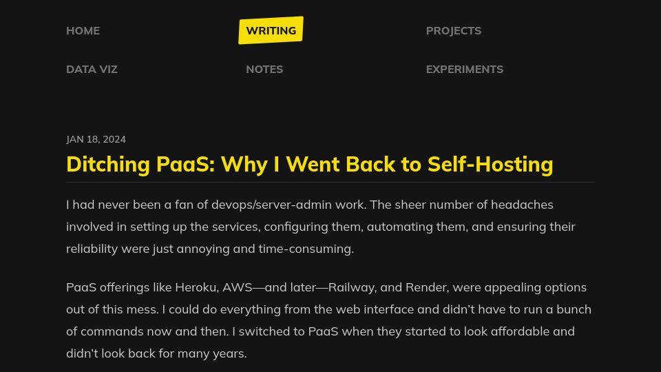 Screenshot of shubhamjain.co: Ditching PaaS: Why I Went Back to Self-Hosting