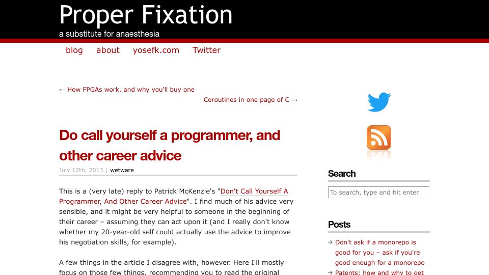 Screenshot of yosefk.com: Do call yourself a programmer, and other career advice (2013)