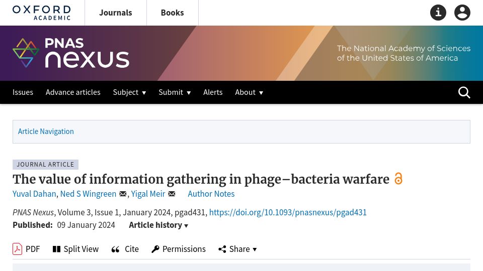 Screenshot of academic.oup.com: The value of information gathering in phage–bacteria warfare