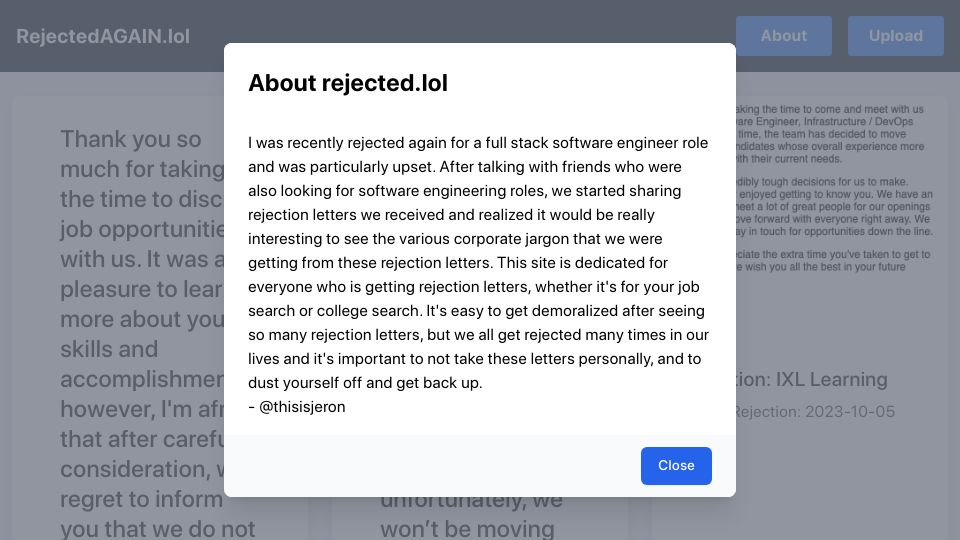 Screenshot of rejectedagain.lol: Show HN: I made a website to share rejection letters