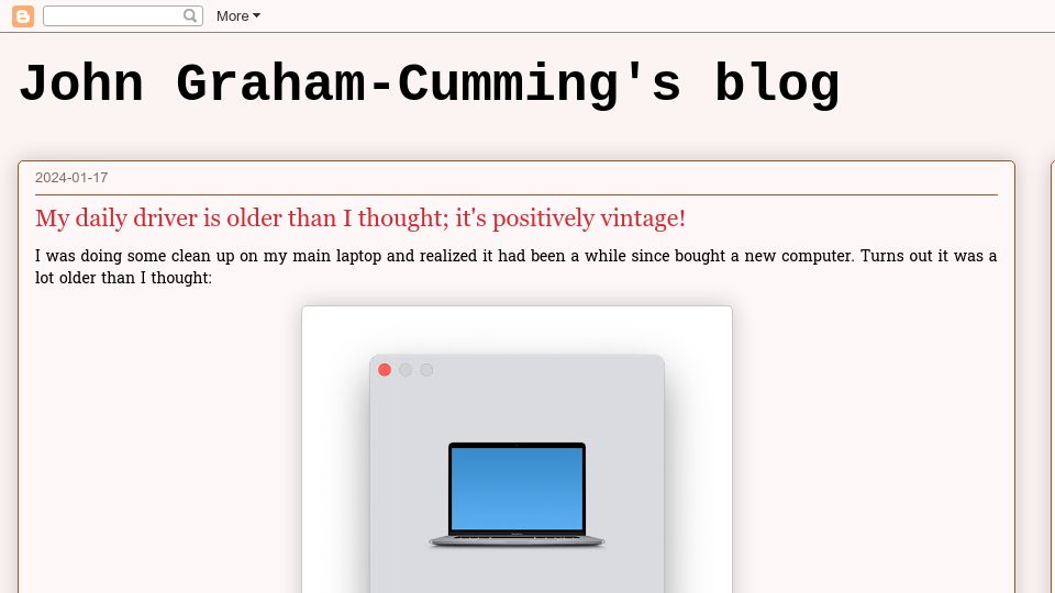 Screenshot of blog.jgc.org: My daily driver is older than I thought; it's positively vintage