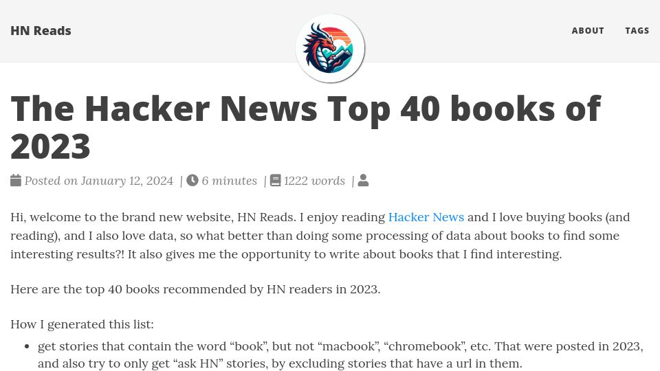 Screenshot of hnreads.com: The Hacker News Top books of 2023