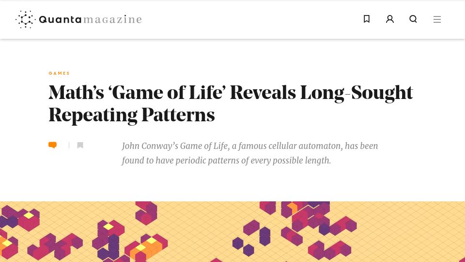 Screenshot of quantamagazine.org: Math's 'Game of Life' Reveals Long-Sought Repeating Patterns
