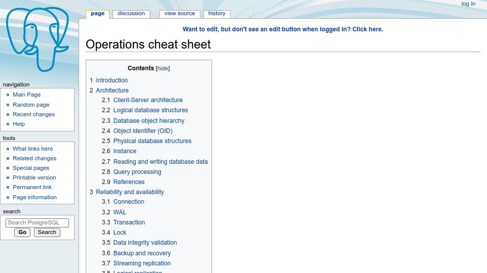 Screenshot of wiki.postgresql.org: PostgreSQL Operations Cheat Sheet: featuring security, scaling, structure, etc.