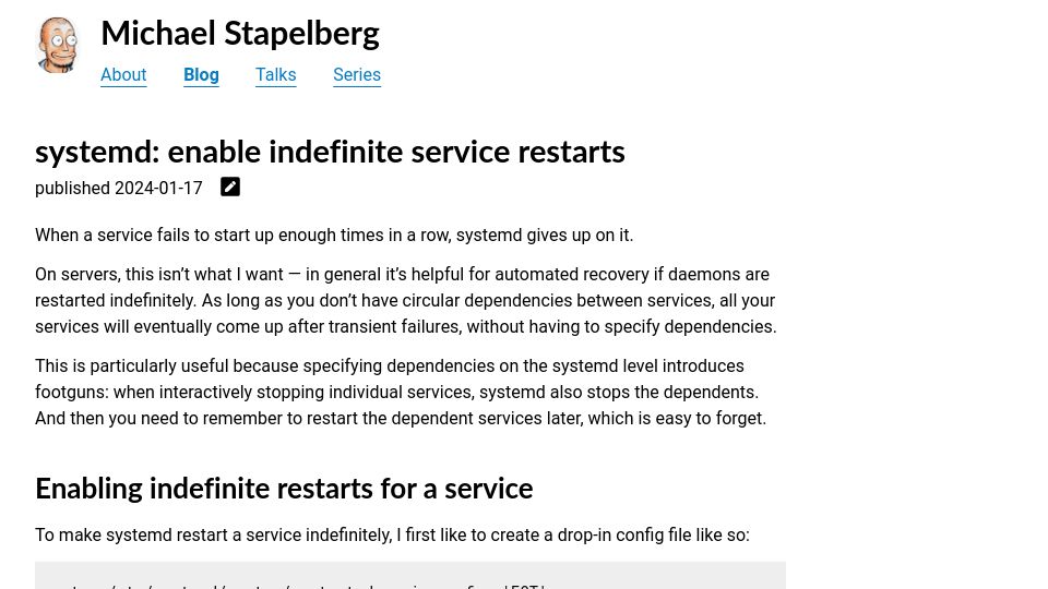 Screenshot of michael.stapelberg.ch: Systemd: Enable Indefinite Service Restarts