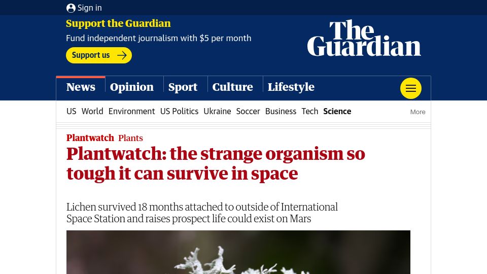 Screenshot of theguardian.com: Plantwatch: The organism so tough it can survive in space