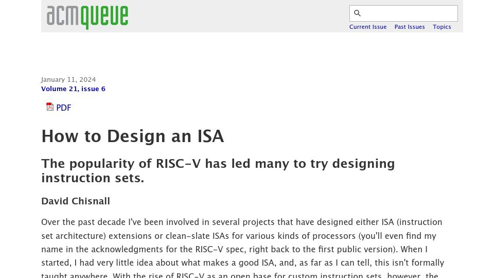 Screenshot of queue.acm.org: How to Design an ISA