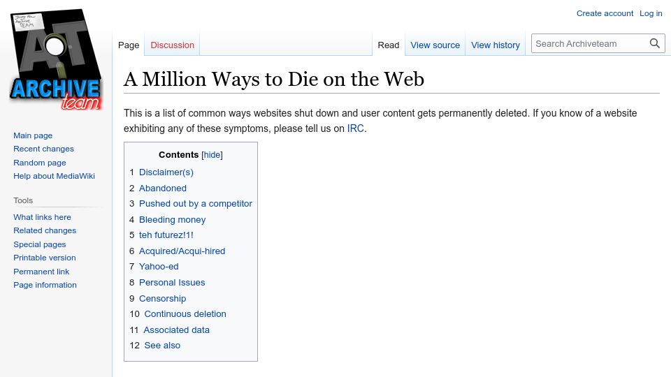 Screenshot of wiki.archiveteam.org: A million ways to die on the web