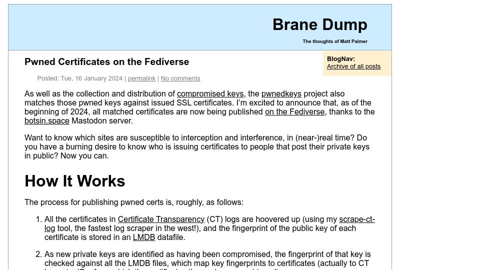Screenshot of hezmatt.org: Pwned Certificates on the Fediverse