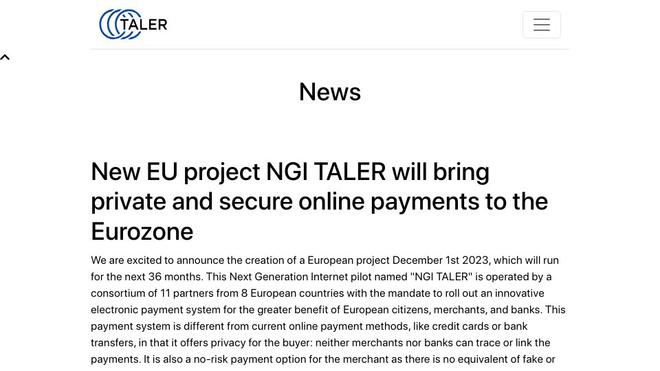 Screenshot of taler.net: EU NGI TALER will bring private and secure online payments to the Eurozone