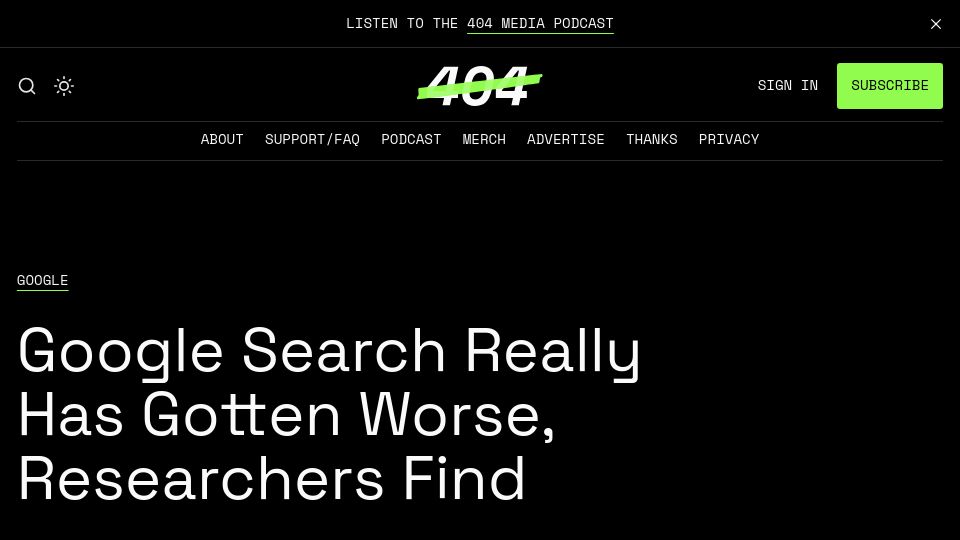 Screenshot of 404media.co: Google Search Has Gotten Worse, Researchers Find