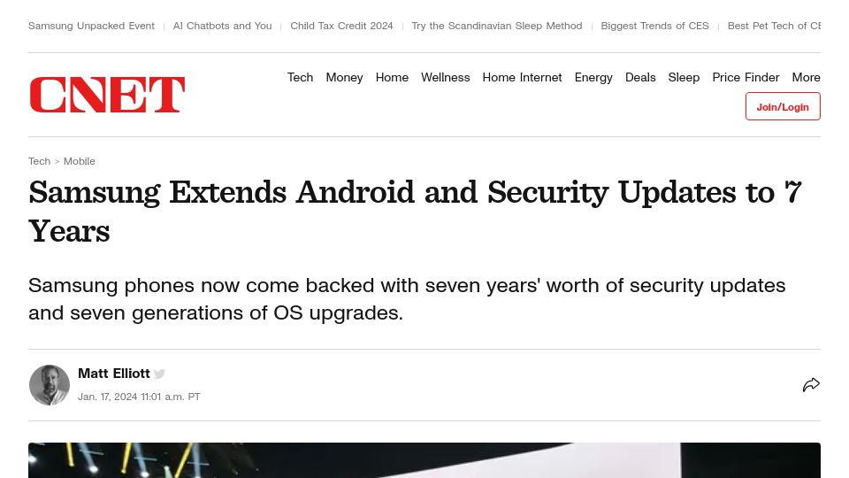 Screenshot of cnet.com: Samsung extends Android and security updates to 7 years