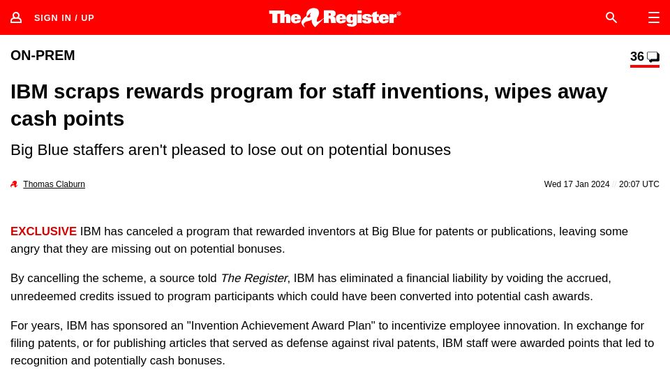 Screenshot of theregister.com: IBM scraps rewards program for staff inventions, wipes away cash points