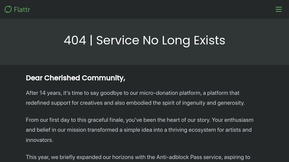 Screenshot of flattr.com: Flattr is closing down