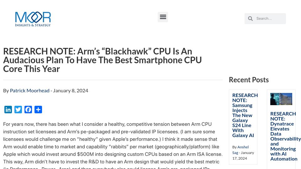 Screenshot of moorinsightsstrategy.com: ARM's "Blackhawk" CPU Is a Plan to Have the Best Smartphone CPU Core