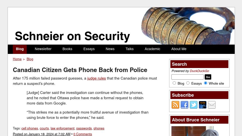 Screenshot of schneier.com: Canadian Citizen Gets Phone Back from Police