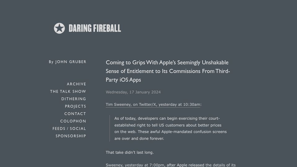 Screenshot of daringfireball.net: Coming to Grips with Apple's Seemingly Unshakable Sense of Entitlement