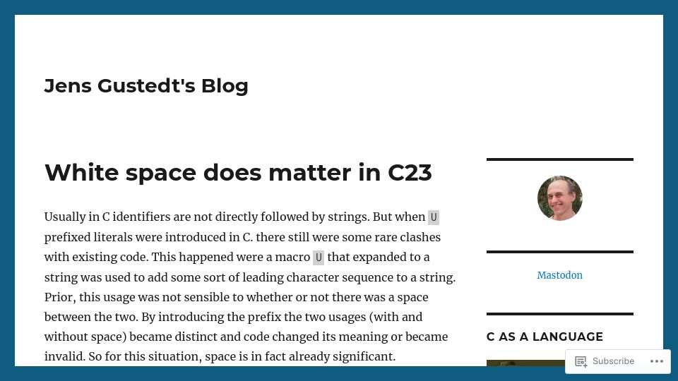 Screenshot of gustedt.wordpress.com: White space does matter in C23