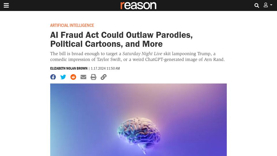 Screenshot of reason.com: 'No AI Fraud Act' Could Outlaw Parodies, Political Cartoons, and More