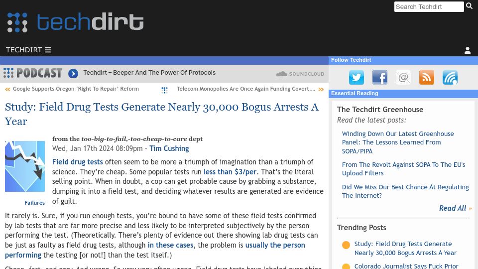 Screenshot of techdirt.com: Study: Field Drug Tests Generate Nearly 30k Bogus Arrests a Year