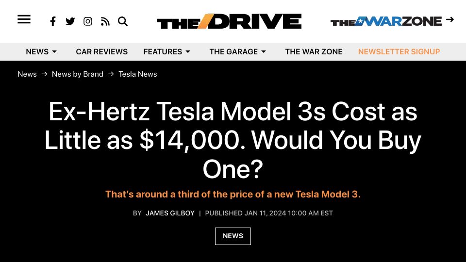 Screenshot of thedrive.com: Ex-Hertz Tesla Model 3s Cost as Little as $14,000. Would You Buy One?