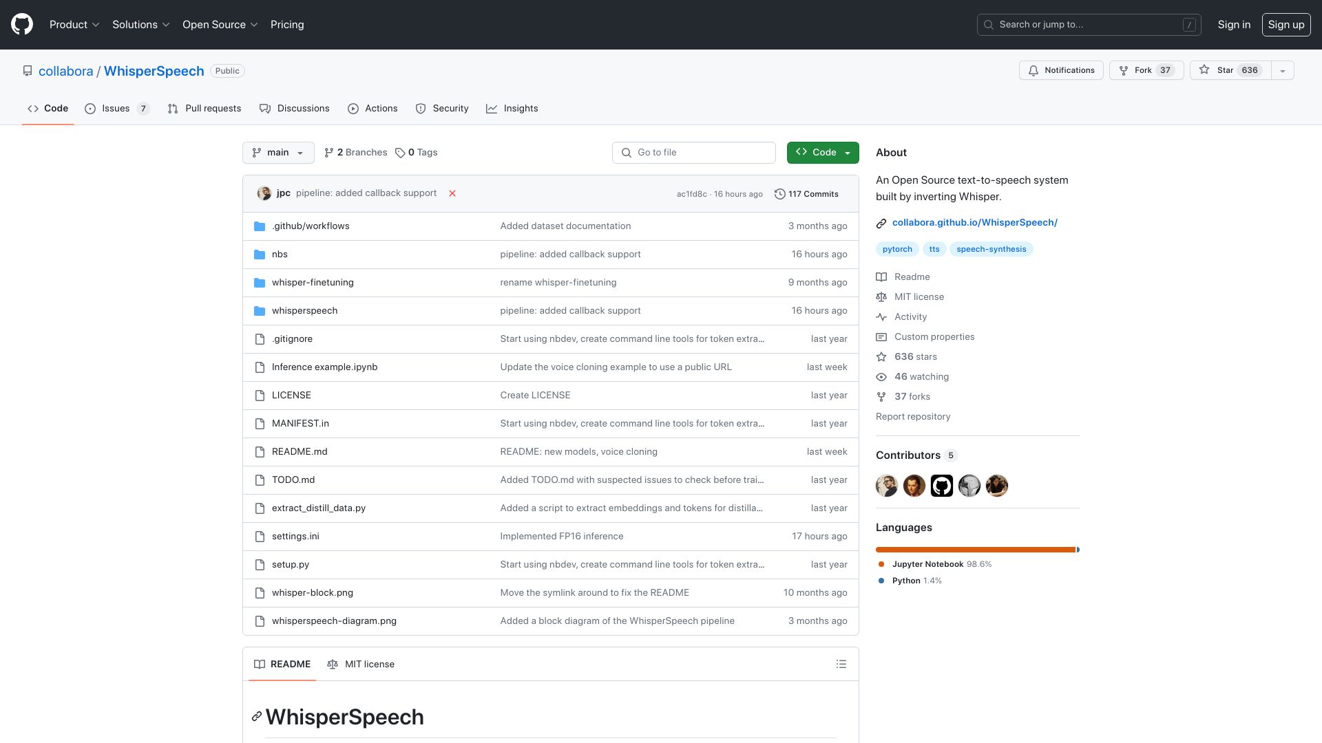 Screenshot of github.com: WhisperSpeech – An open source text-to-speech system built by inverting Whisper