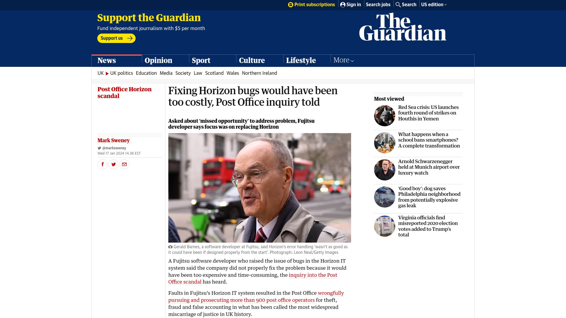 Screenshot of theguardian.com: Fixing Horizon bugs would have been too costly, Post Office inquiry told