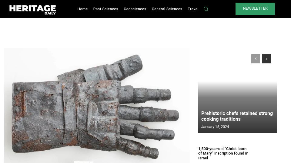 Screenshot of heritagedaily.com: Archaeologists find intact medieval gauntlet